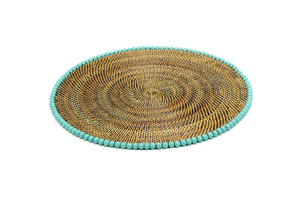 Round Placemat 14", With Aqua Wood Beads, Set of 4